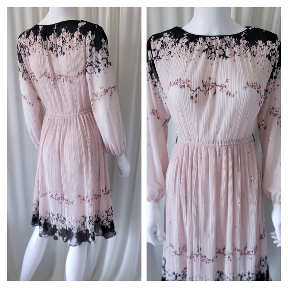 Cherry Blossom Dress • Vintage Pleated Floral Skirt Long Sleeve Blouse Sheer Top - Picture 2 of 4